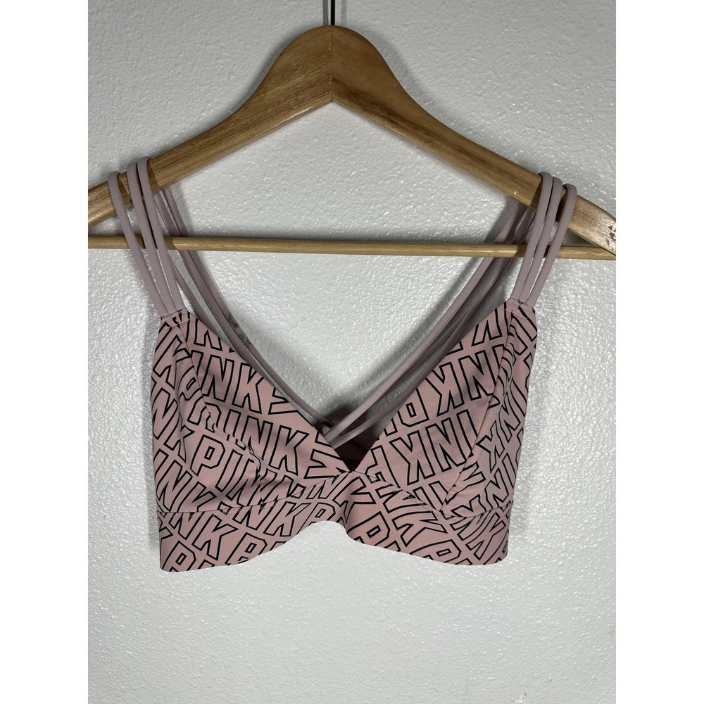 PINK Bikini Top Womens Medium Pink Logo Bralette Strappy Swim Geometric Print‎